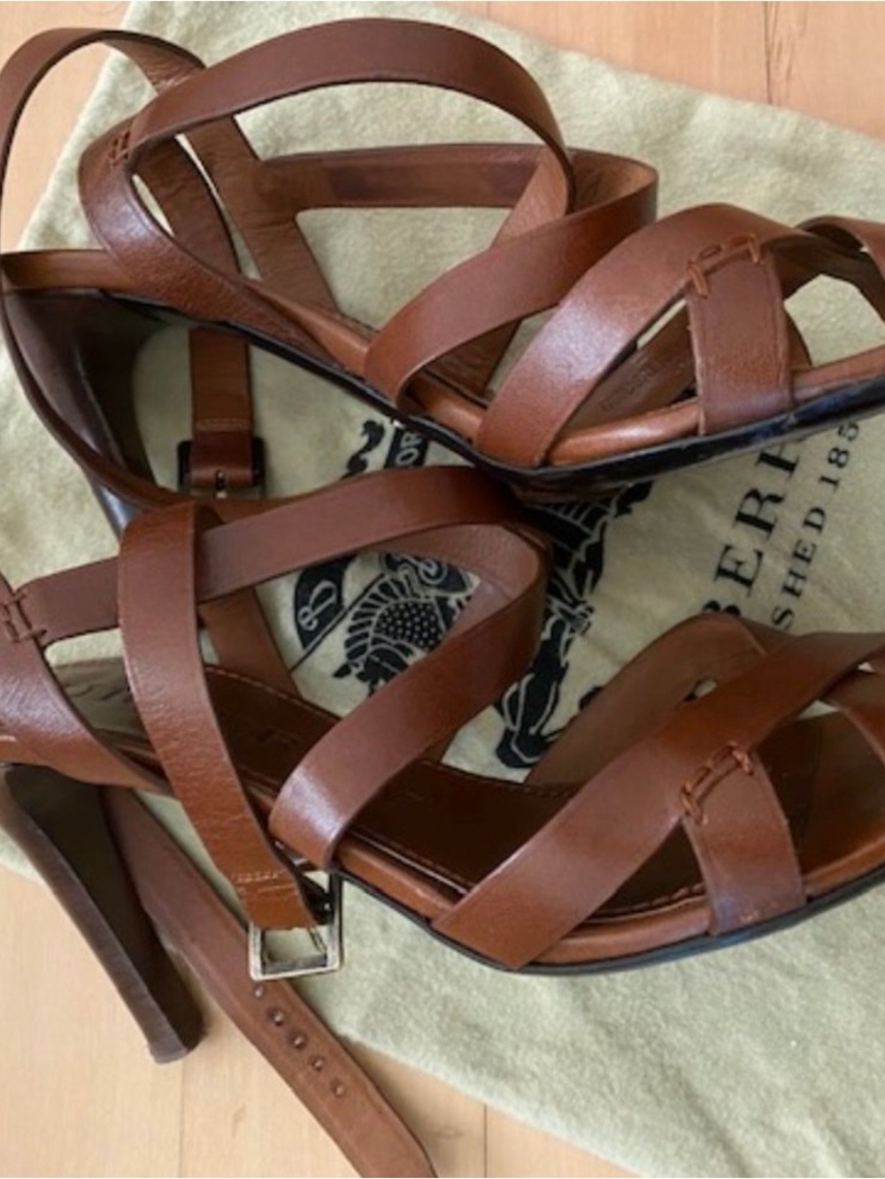 Burberry Leather Strappy Sandals Brown Ankle Strap Heels EUR 38 US 8